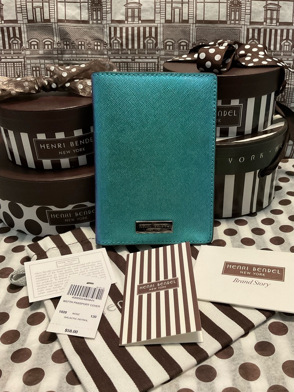 Henri Bendel Galactic Petrol West 57th Passport Cover with Tags and Dust Cover